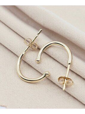 Beautiful 14K Karat Solid Yellow Gold Designer Half Crescent Hoop Stud Earrings